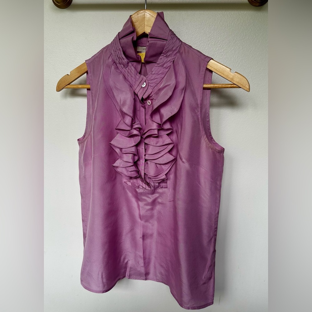 J.Crew ruffle neck, sleeveless silk blouse in lilac pink